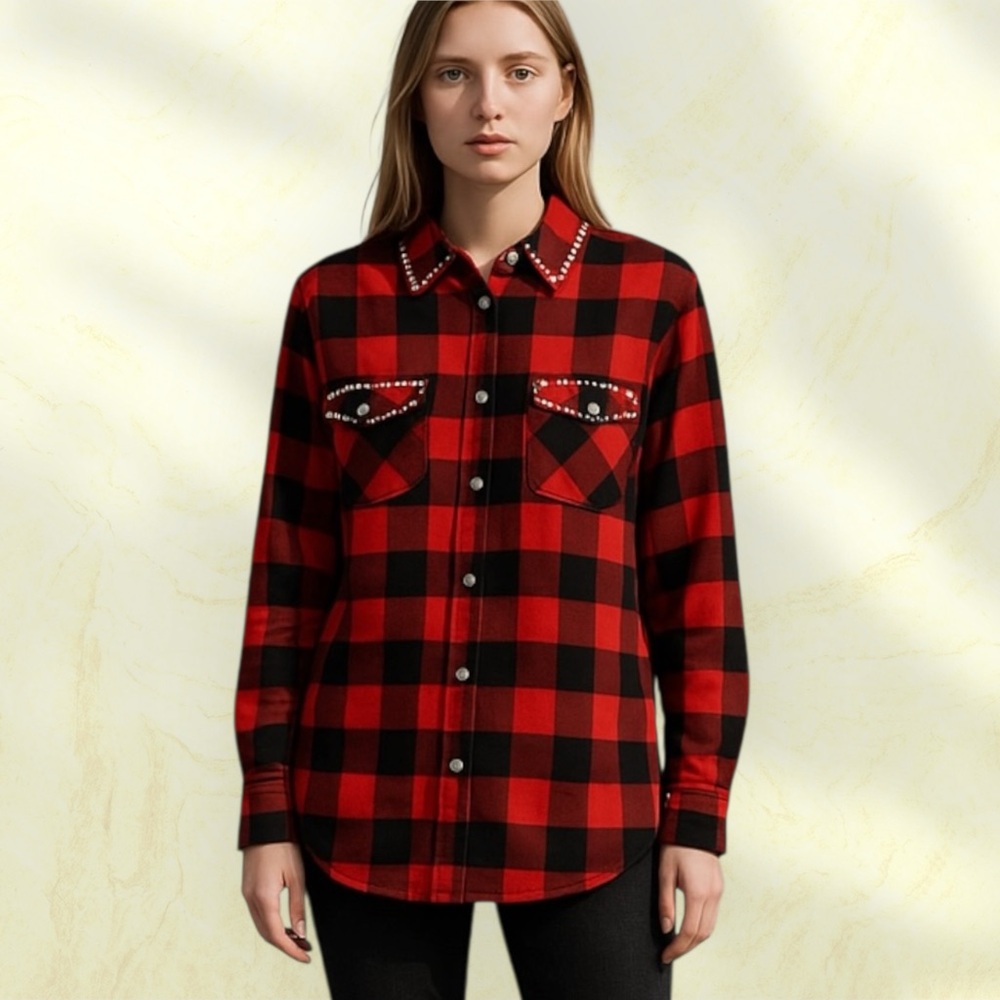 Bar III Red and Black Buffalo Plaid Studded Flannel Shirt Size S NWOT